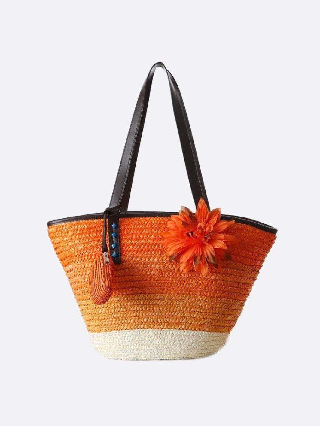 Cabas paille fleurs orange