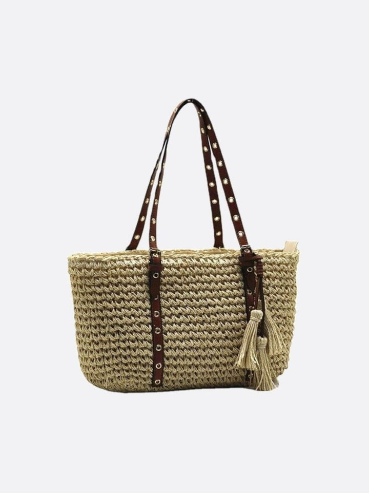 Panier cabas paille et cuir beige