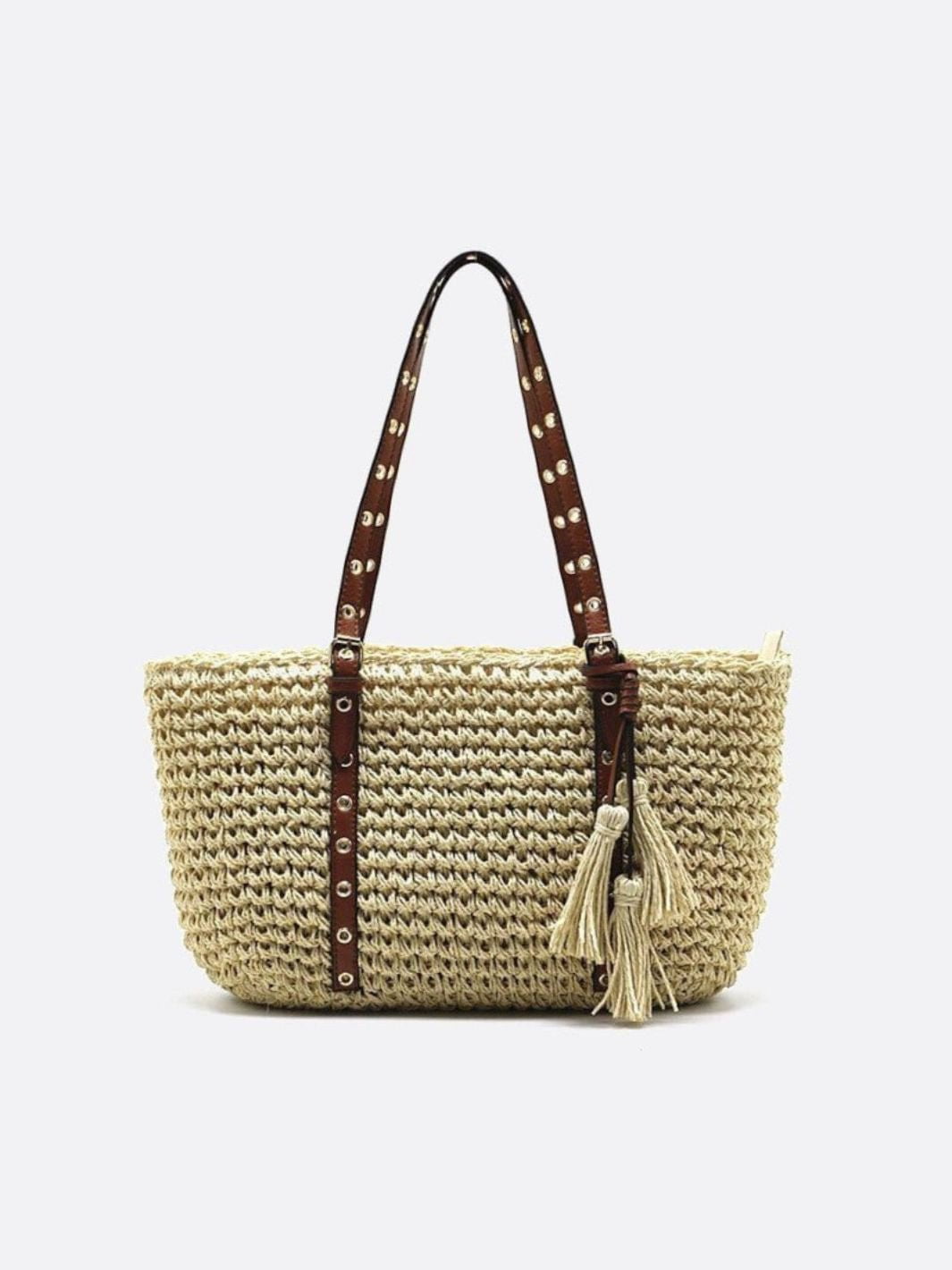 Straw and leather shopping basket