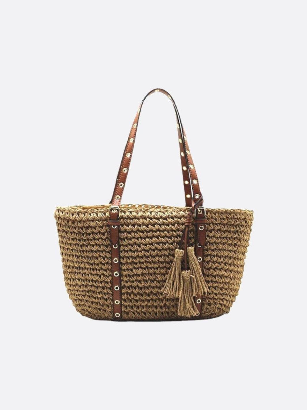 Panier cabas paille et cuir marron