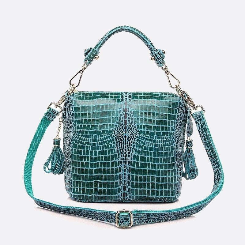 sac à main cuir vert turquoise effet croco