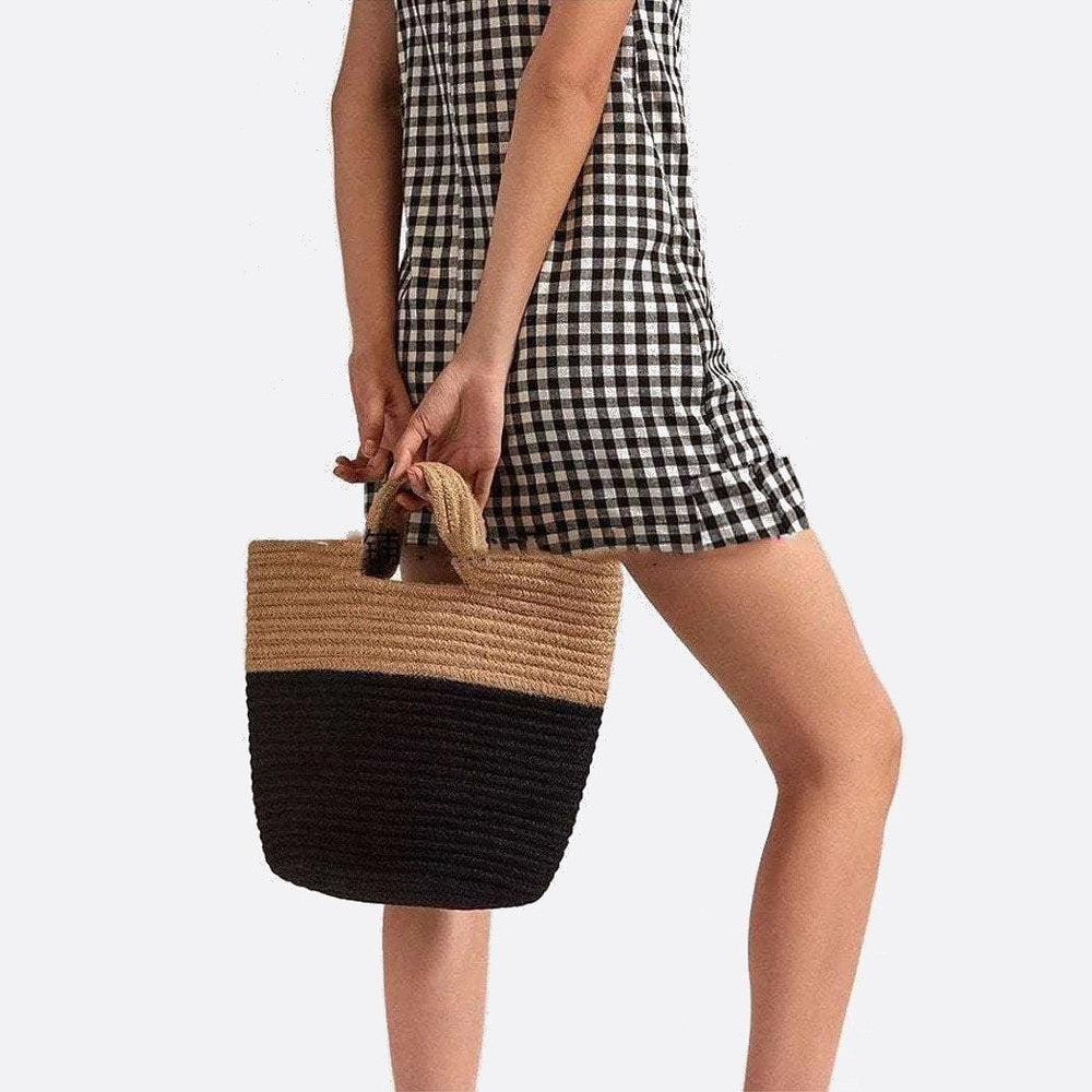 sac à main en paille noir et beige femme