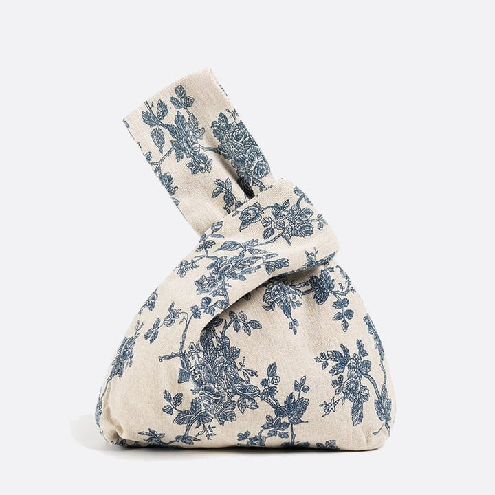 sac à main japonais coton et lin motif floral bleu