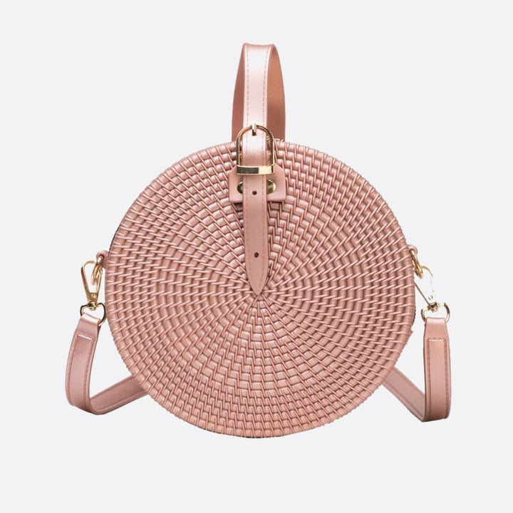 sac à main rond cuir effet tressé rose