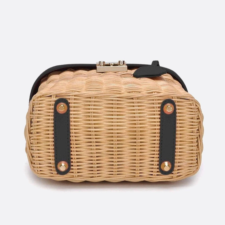 Rattan and leather handbag with shoulder strap