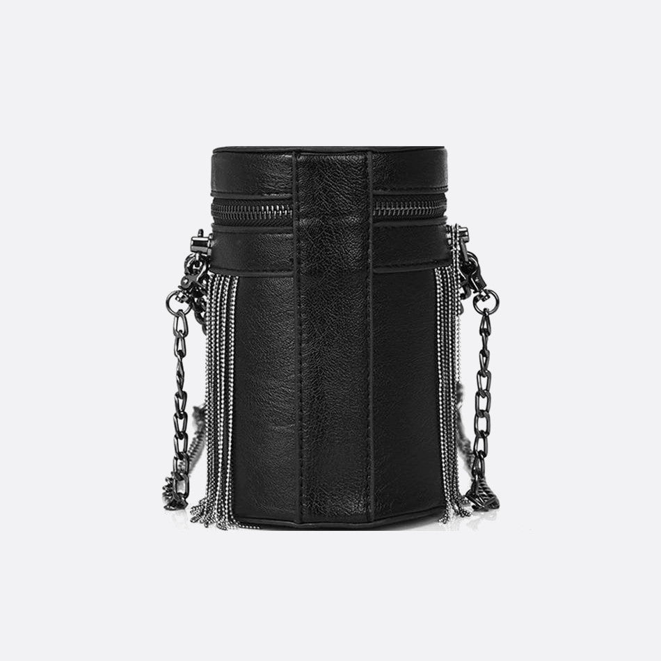 Black Leather Cylinder Shoulder Bag 