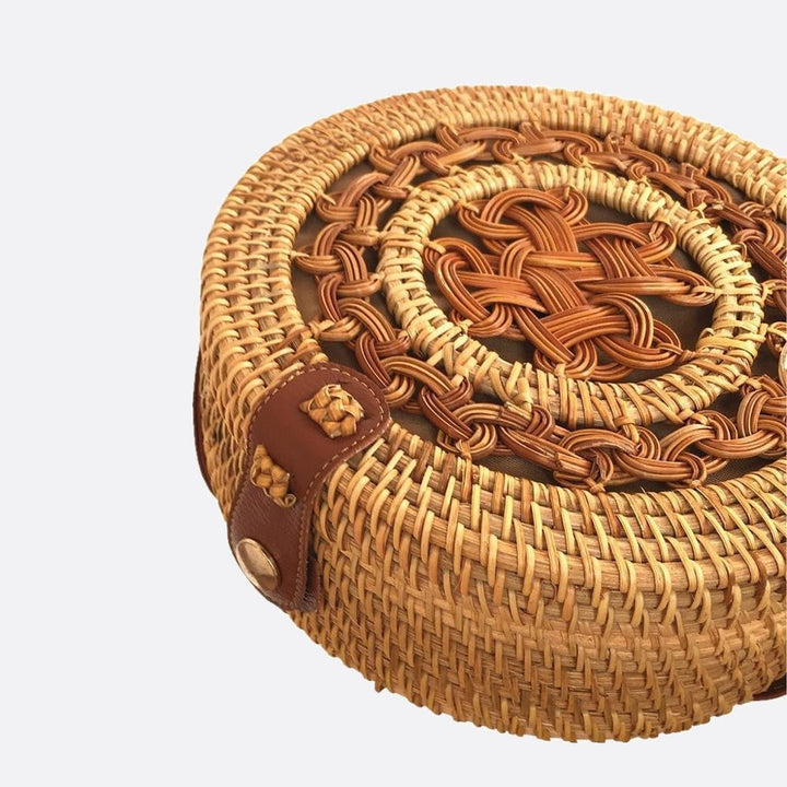 Round woven rattan shoulder bag