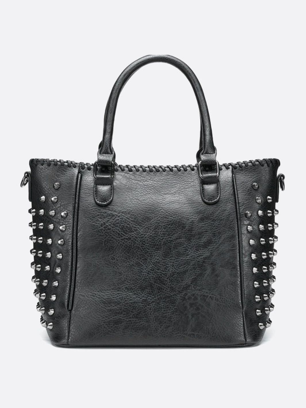 Black studded leather tote bag