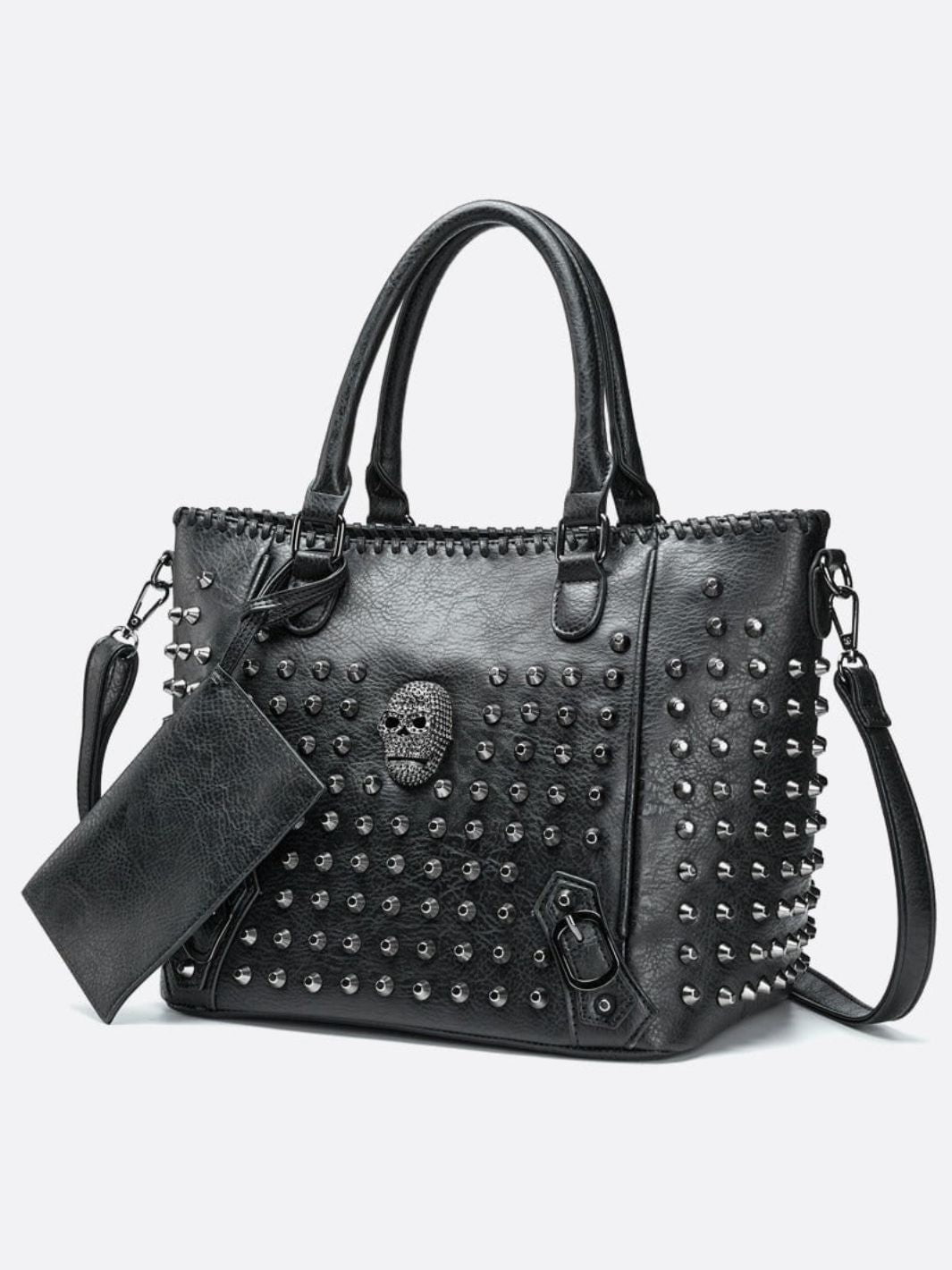 Black studded leather tote bag