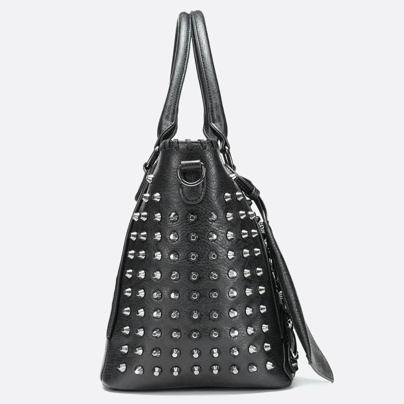 Black Leather Tote Bag With Studs