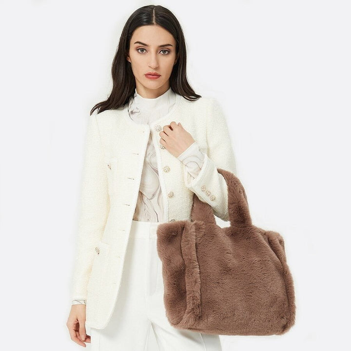 Sac cabas fausse fourrure marron clair femme