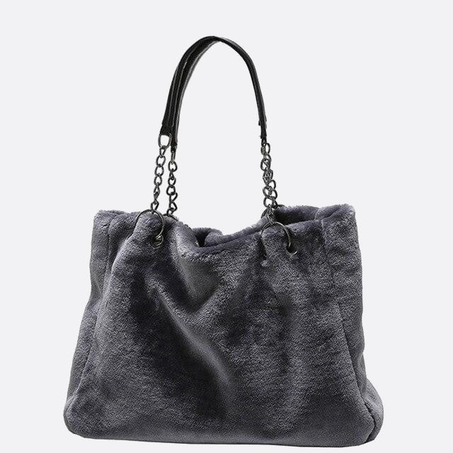 sac cabas fausse fourrure anses chaine métallique gris