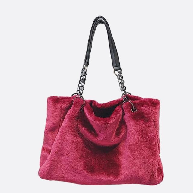 sac cabas fausse fourrure anses chaine métallique rose