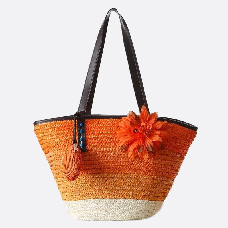 sac cabas paille avec fleur orange