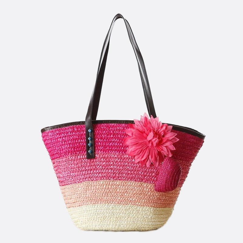 sac cabas paille avec fleur rose