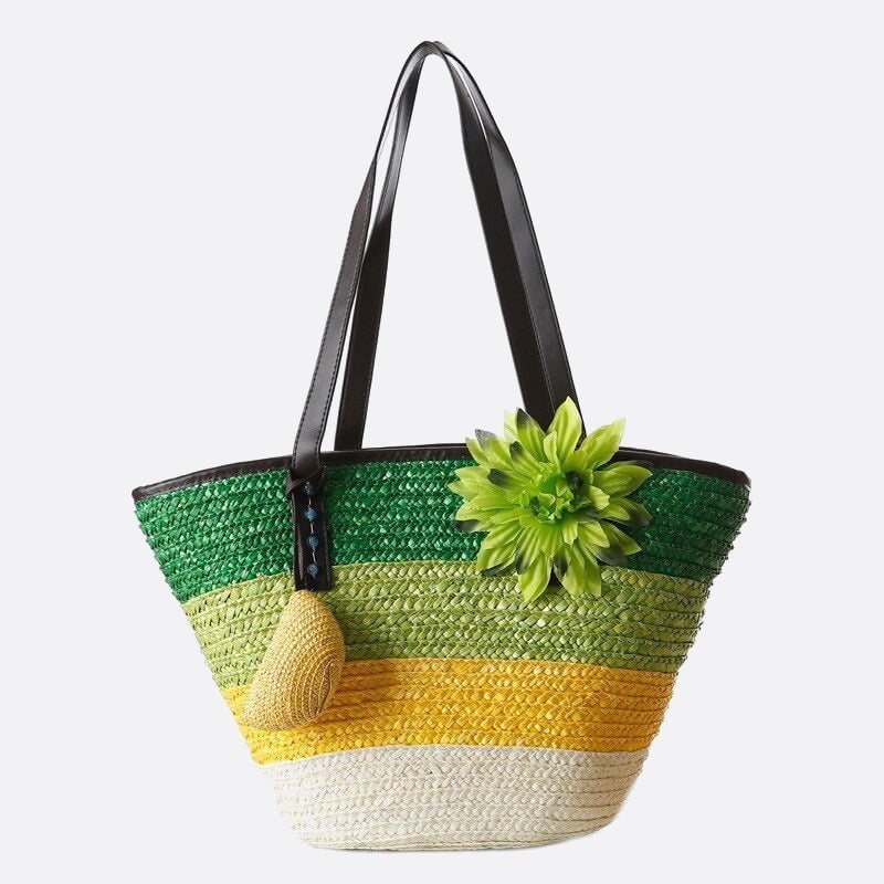 sac cabas paille avec fleur vert