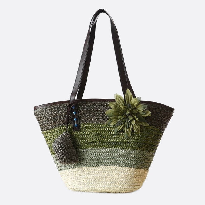 sac cabas paille avec fleur vert foncé