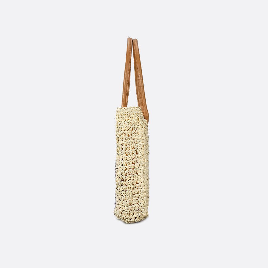 Straw tote bag with crochet flowers