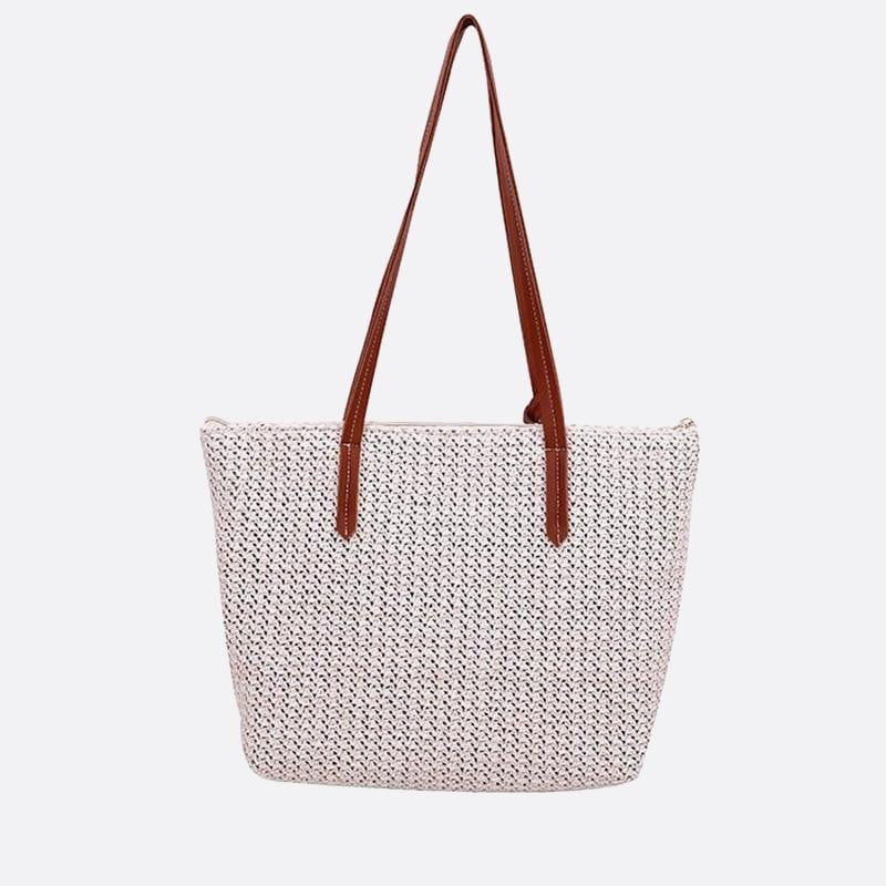 Straw Tote Bag with Pompom and Leather Handle