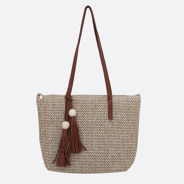 sac cabas paille avec pompon et anse cuir beige