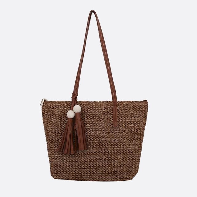 sac cabas paille avec pompon et anse cuir marron