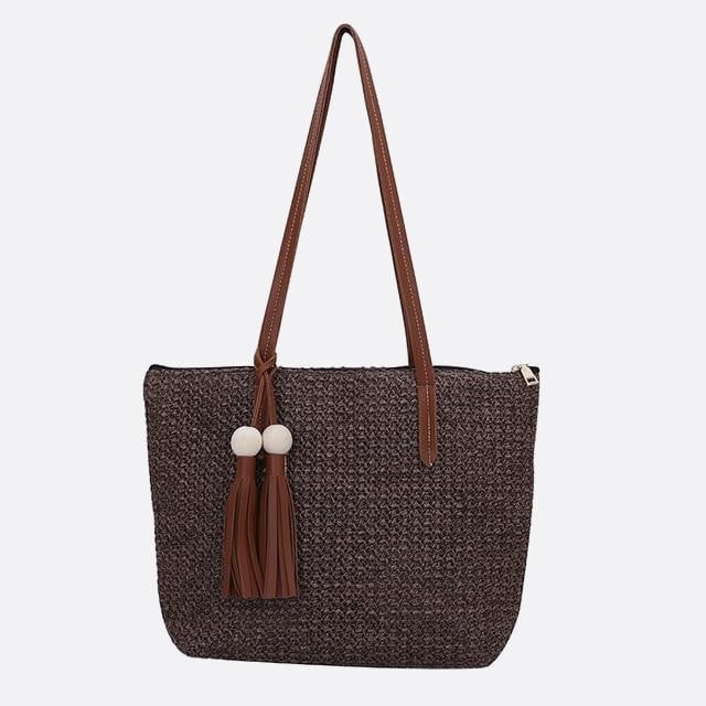 sac cabas paille avec pompon et anse cuir noir réglisse