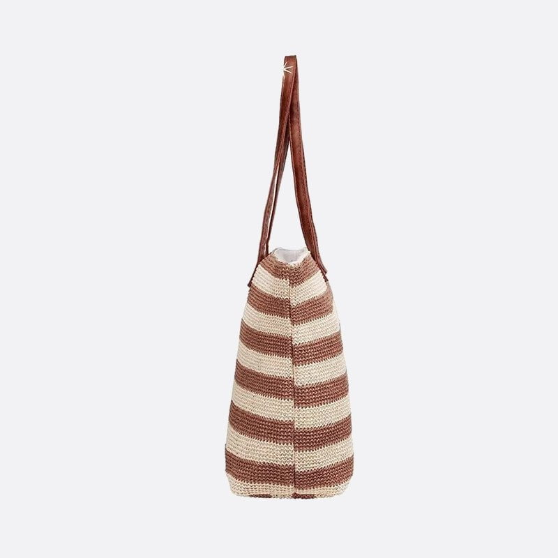 Straw Tote Bag with Stripes and Leather Handle