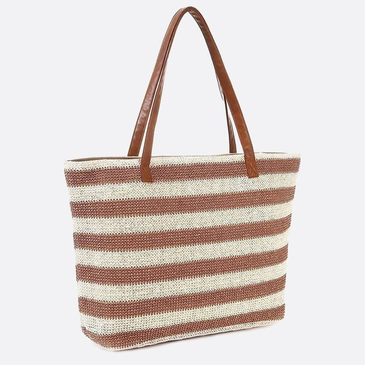 sac cabas paille rayures beige