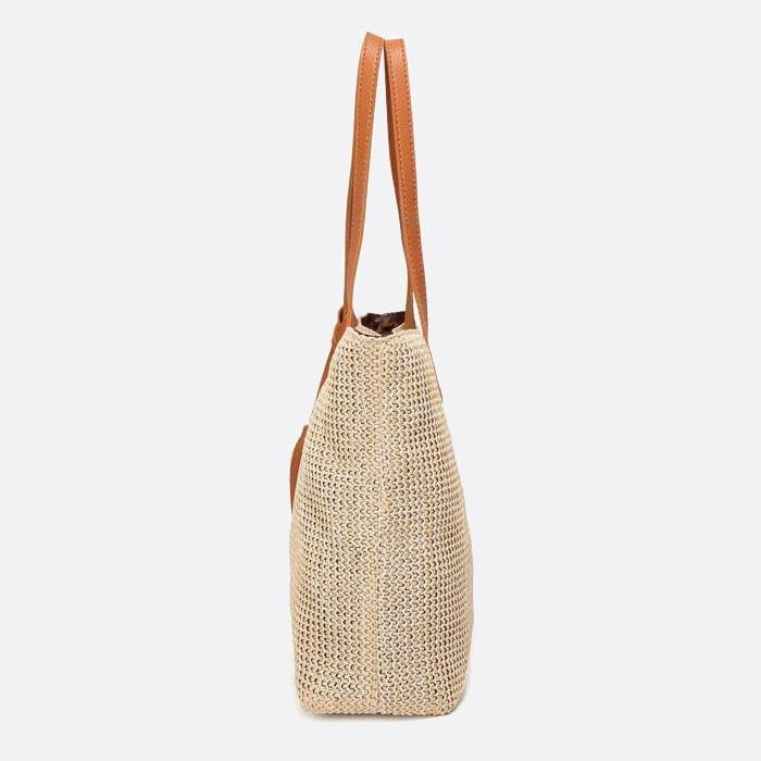 Bolso tote de paja tejida con asas de cuero 