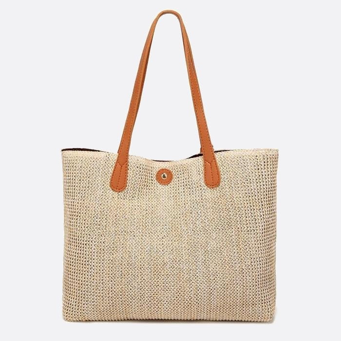 Woven Straw Tote Bag with Leather Handles