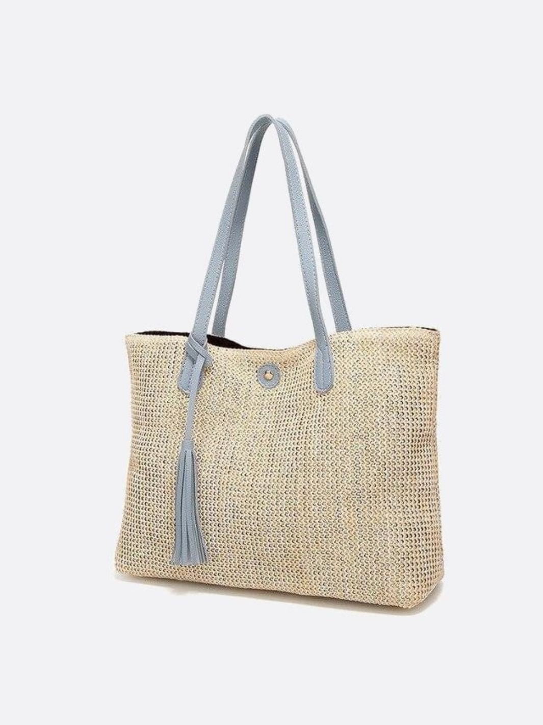 Sac cabas paille cuir gris clair