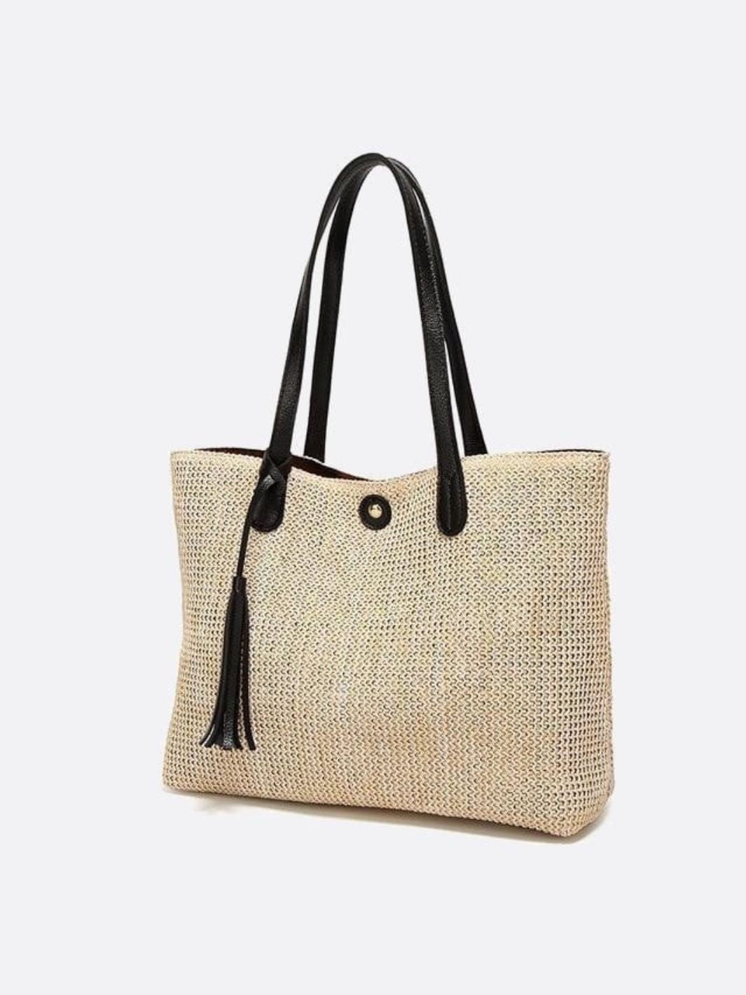 Sac cabas paille cuir noir