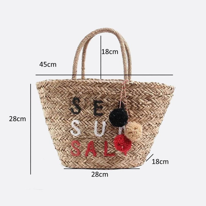 Wicker Basket Tote Bag with Pompom