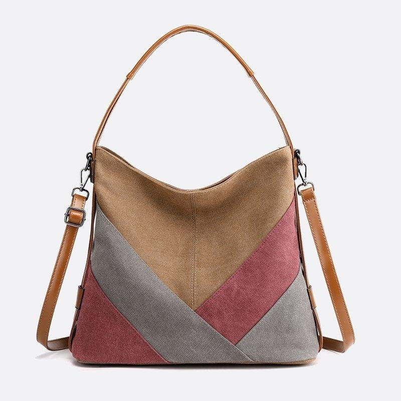 sac en toile multicolore beige rouge gris à porté épaule