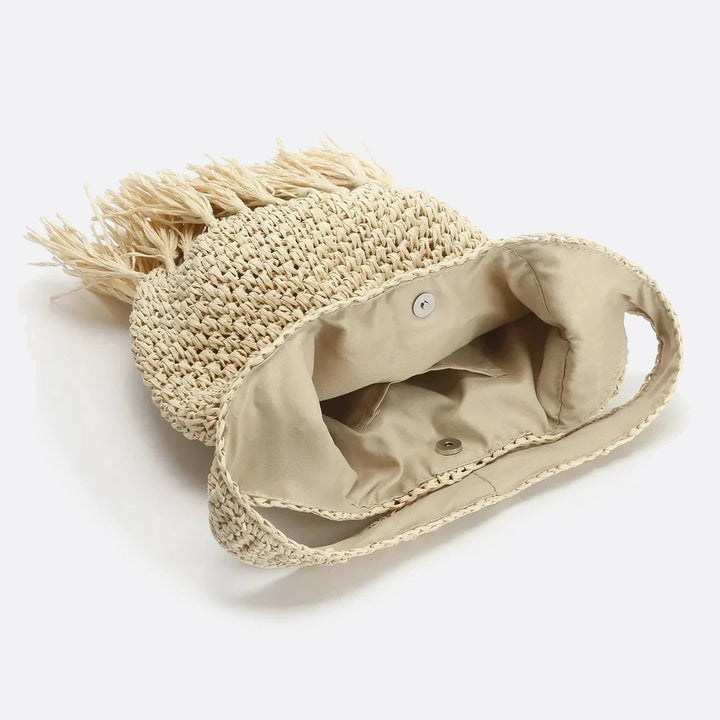 Sac d'Épaule Type Fourre-Tout en Paille avec Pompons