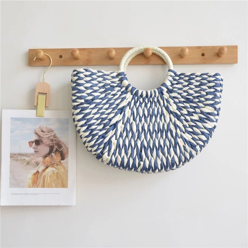 Blue and White Straw Handbag