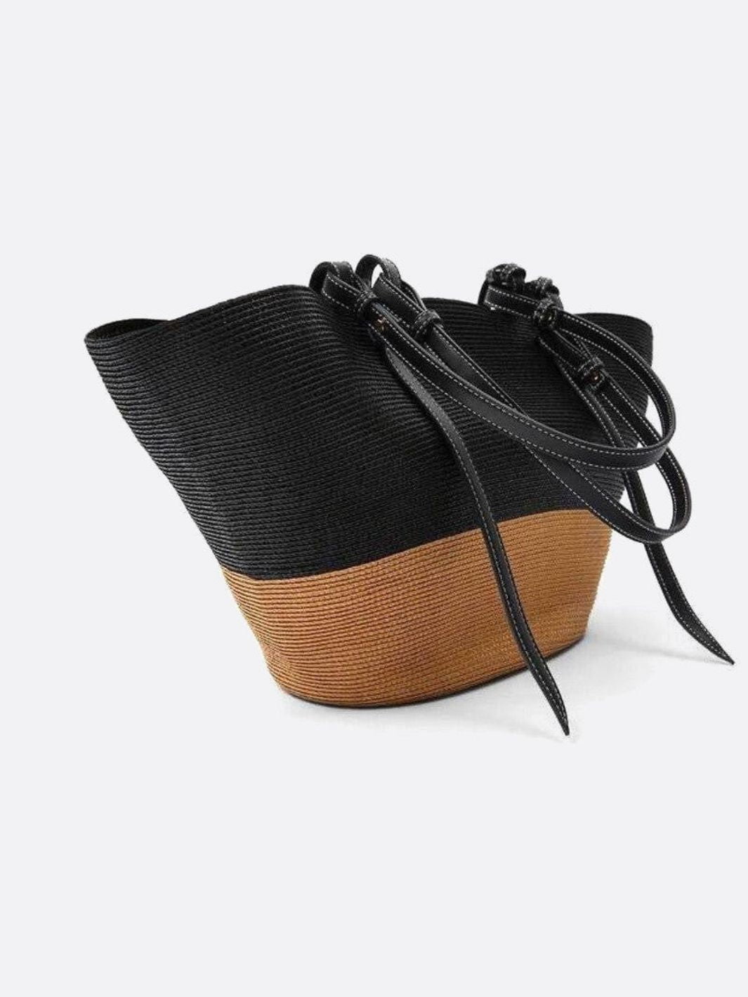 sac paille et cuir noir et beige