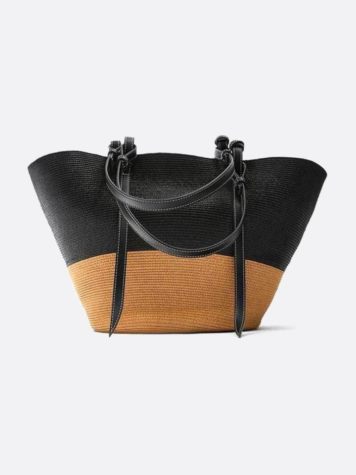 Sac paille anse cuir noir et beige