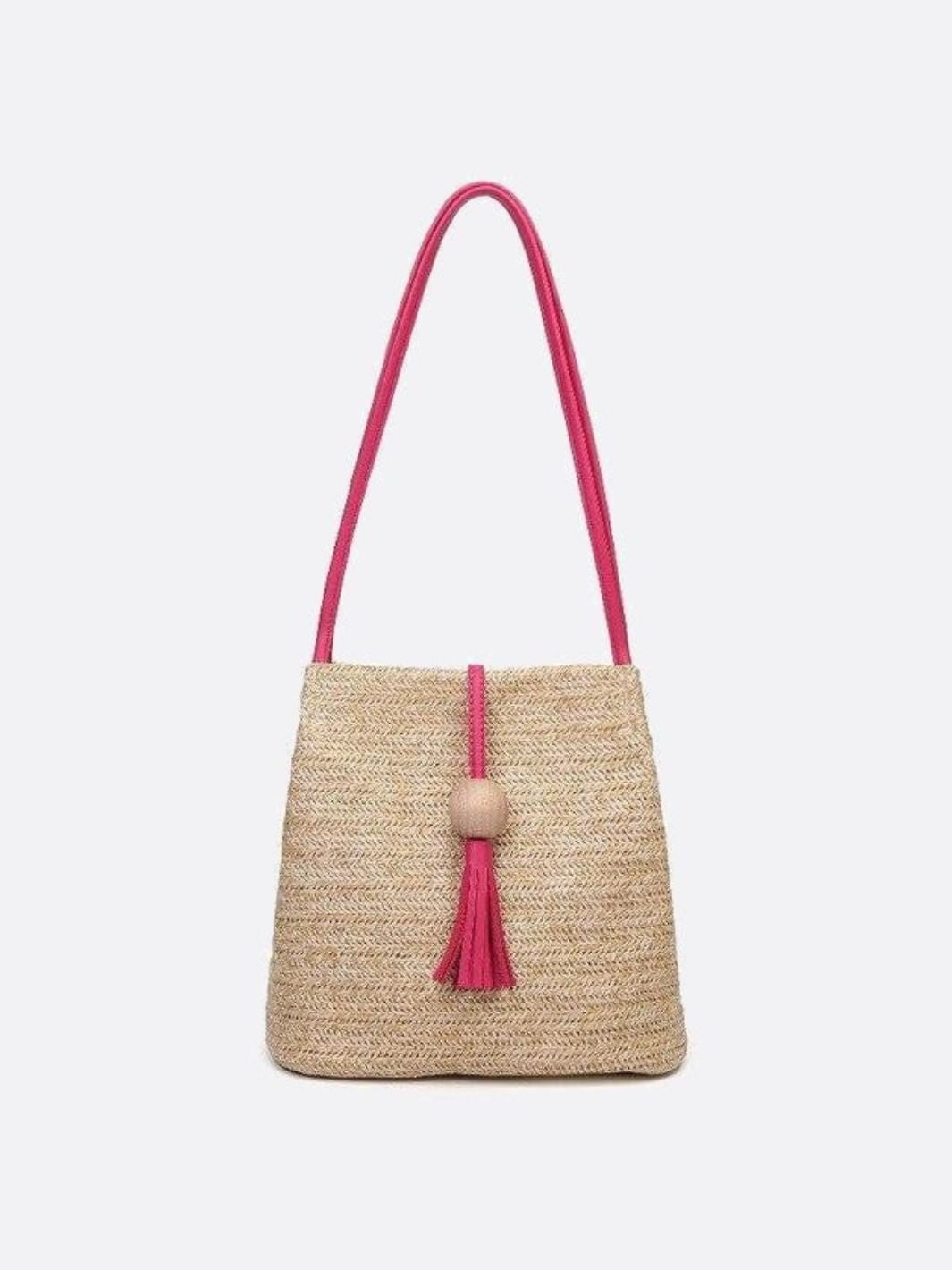 Sac paille et cuir rose