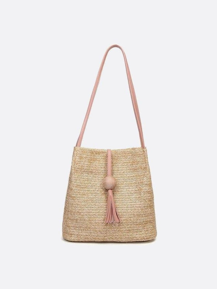 Sac paille et cuir rose pâle