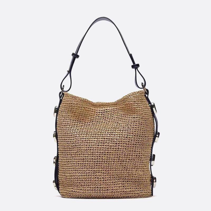 sac seau paille avec anse cuir