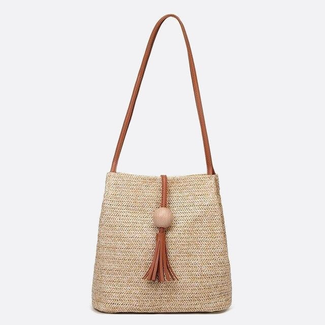 sac seau paille avec pompon camel