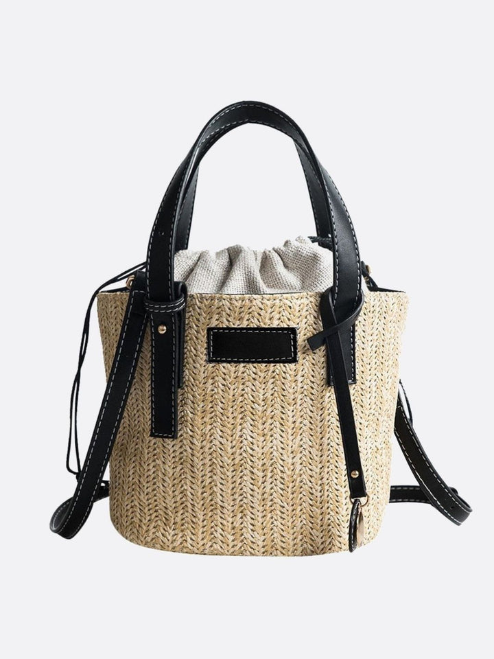 Sac seau paille et cuir noir